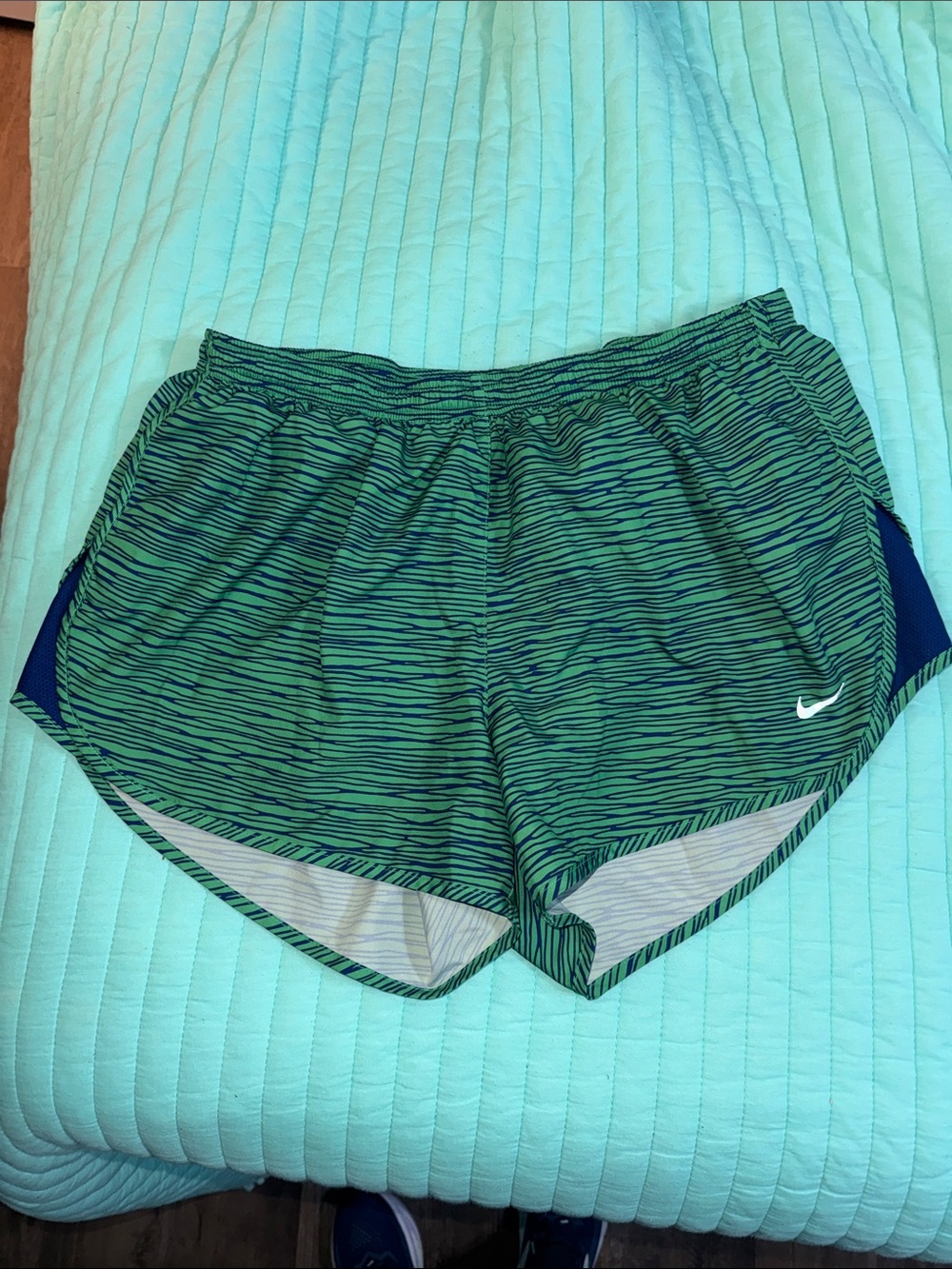 Nike Women's Green Striped Athletic Shorts with Navy Panels